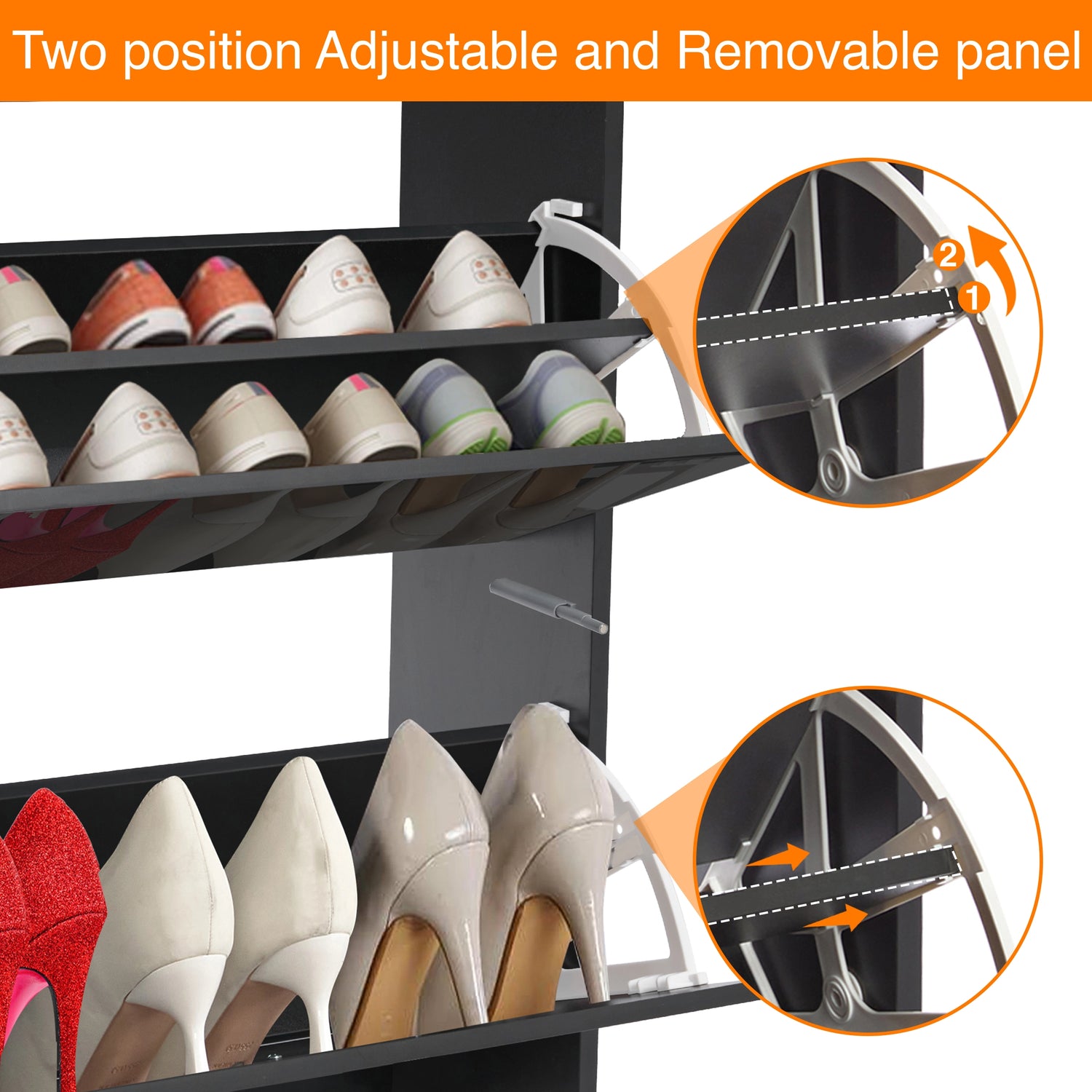 black gloss footwear cupboard showing adjustable and removable divider for storing both heels and tall boots with ease