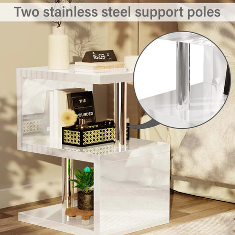 Close-up of stainless steel support poles on white high gloss LED side table, enhancing durability and modern design appeal.
