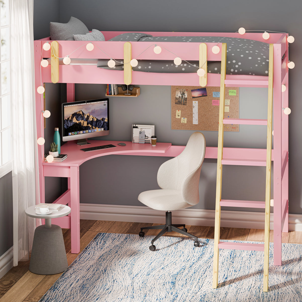 High single bed with desk placed in the corner of a modern room with a convininet desk underneath
