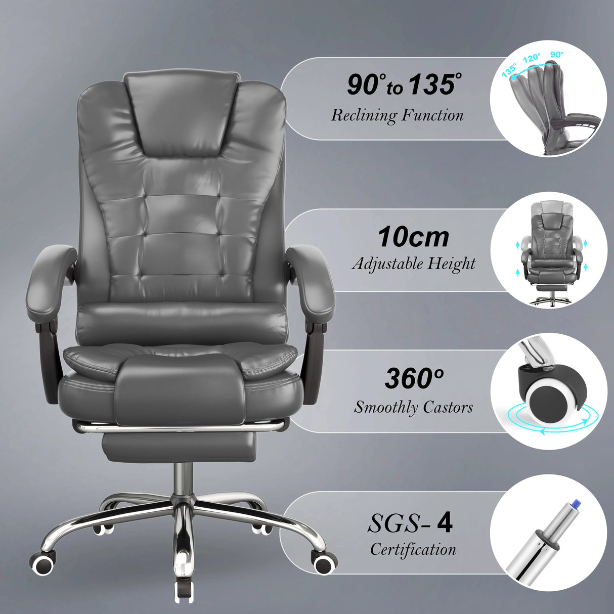 Gray office chair with reclining function and adjustable height features on a gray background