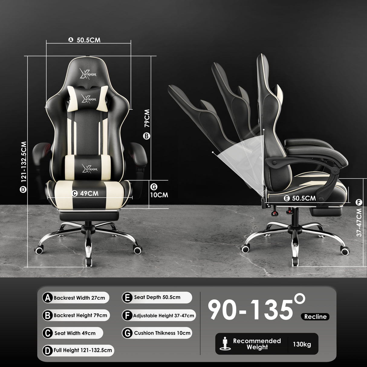 Xstriker Gaming Chair With Footrest in black and white, featuring ergonomic design, adjustable recline from 90° to 135°, and full dimension specs shown.
