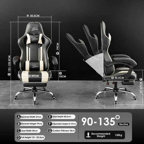 Xstriker Gaming Chair With Footrest in black and white, featuring ergonomic design, adjustable recline from 90° to 135°, and full dimension specs shown.