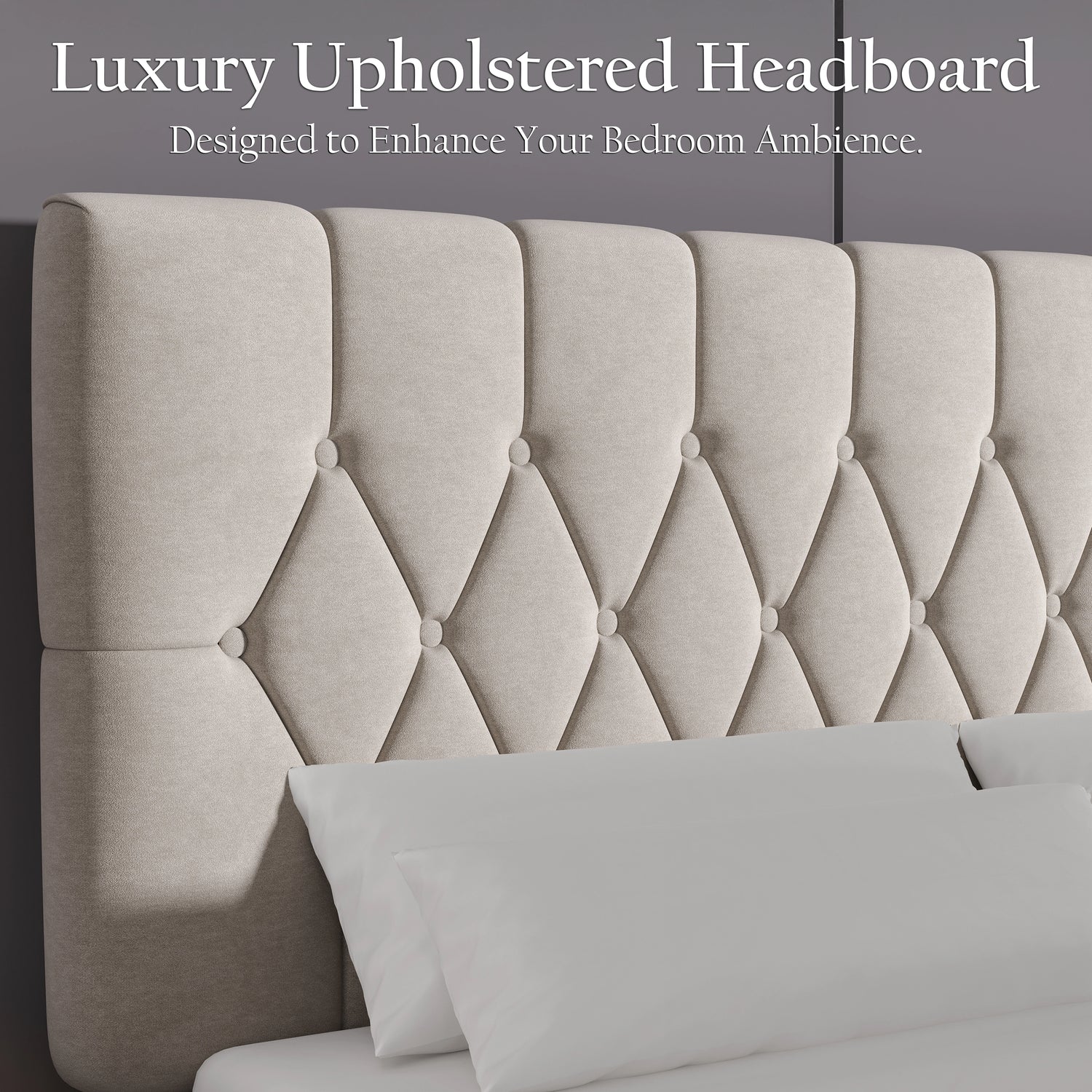 Beige velvet bed frame with luxury upholstered adjustable headboard in double or king size, ideal for elegant bedroom decor from DHS Furniture UK.