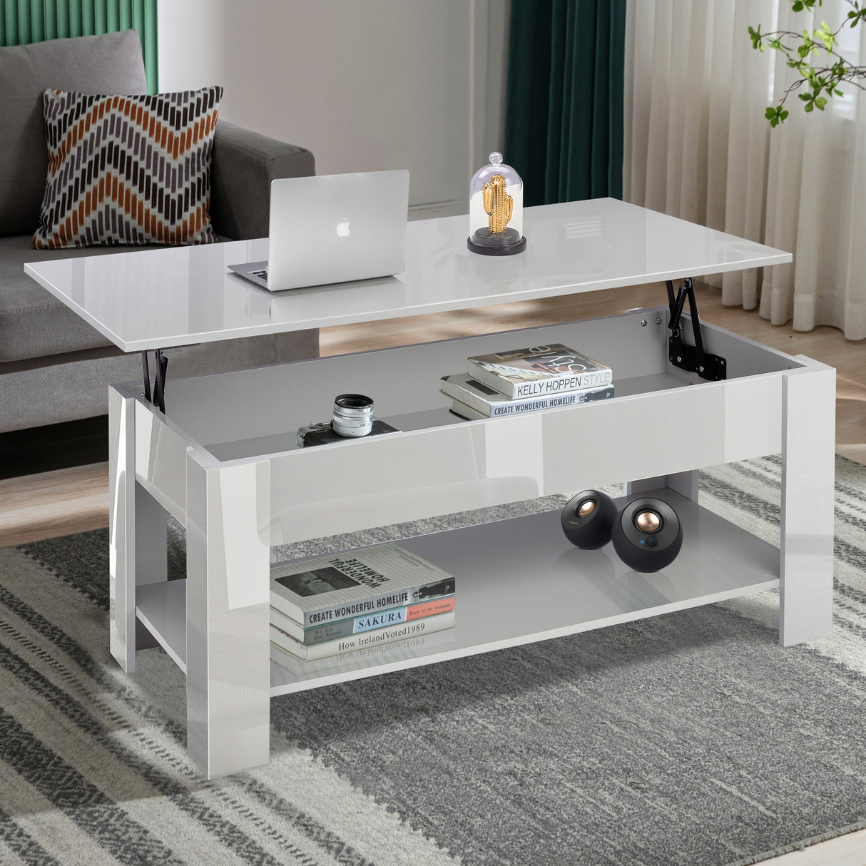 High gloss lift top coffee table with hidden storage shelf in grey, featuring a raised tabletop and open lower shelf, ideal for modern UK living rooms.