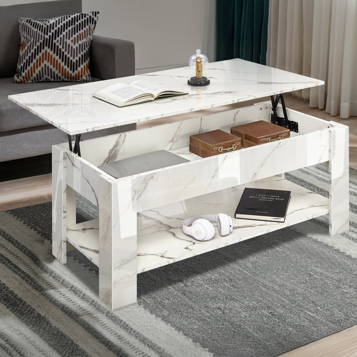 High Gloss Lift Top Coffee Table With Hidden Storage Shelf in white marble finish, featuring a lift-up top and lower shelf for modern living rooms.