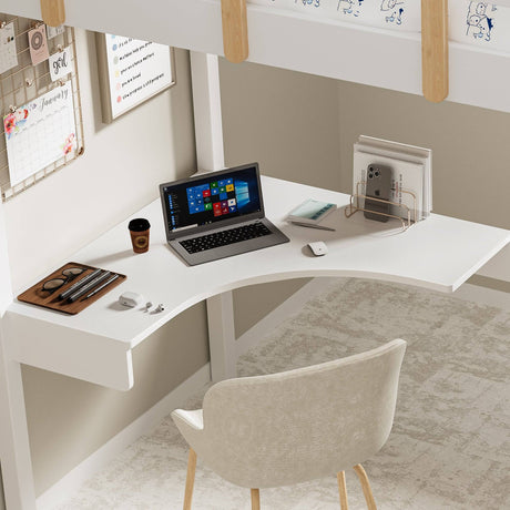 kid bunk bed with desk under a high sleeper bunk bed with laptop, stationery, and decor.