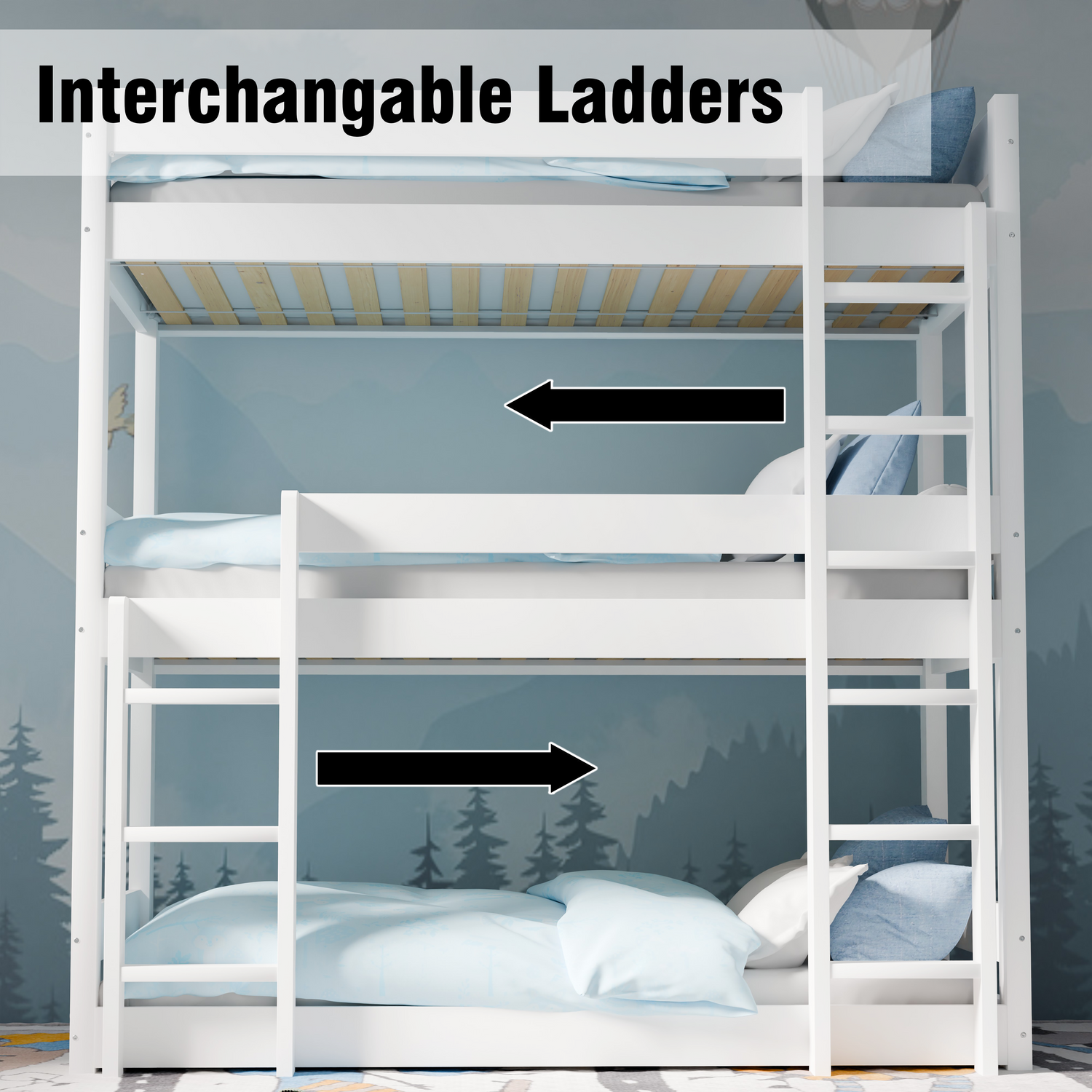 Front view of sturdy white bunk beds with interchangeable ladder, perfect for shared kids’ or adults’ bedroom