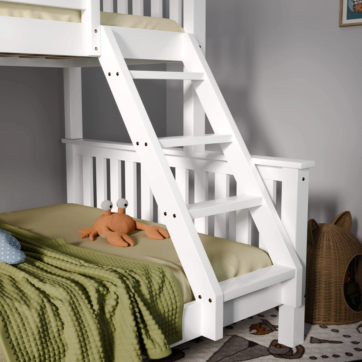 White wooden bunk bed with neatly arranged green bedding and a soft plush toy in a well-lit room