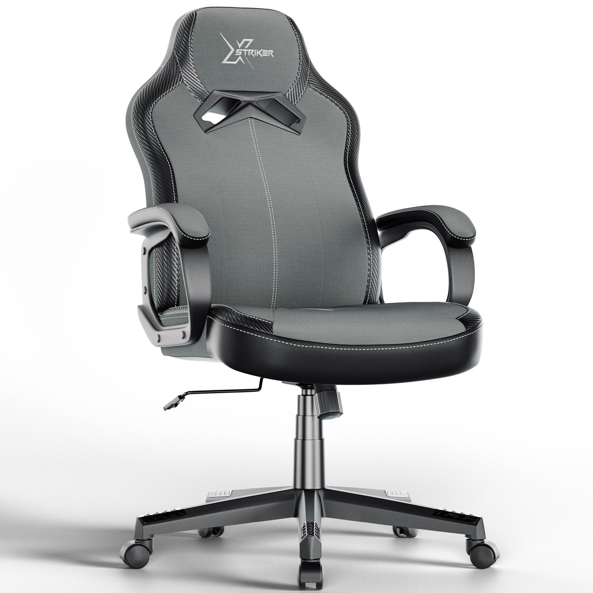 Xstriker pc chair in grey fabric with padded armrests and adjustable height, ideal as a small desk chair for home office or study use.