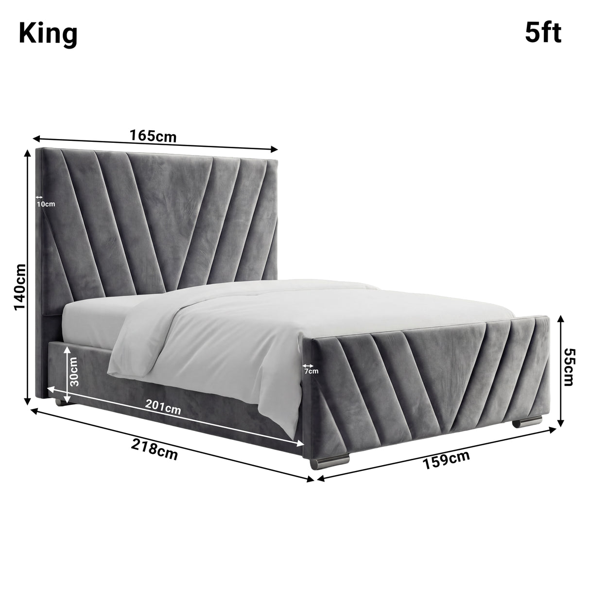 Detailed dimensions of the dark grey velvet ottoman king bed, highlighting height 140 cm, width 165 cm, and length 218 cm