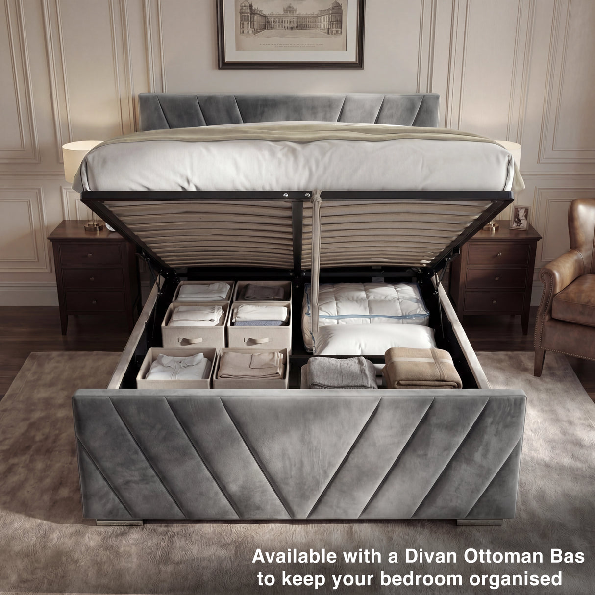 Close-up of the dark grey ottoman bed’s storage compartment, displaying its spacious hidden storage feature