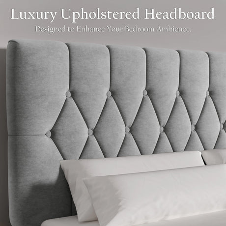 Grey velvet bed frame with adjustable chesterfield headboard in double or king size from DHS Furniture. Elegant tufted design enhances bedroom decor.