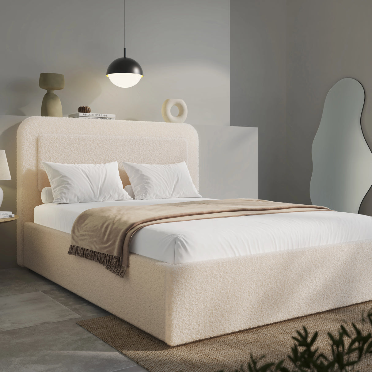 Beige upholstered bed with white bedding in a modern bedroom setting.