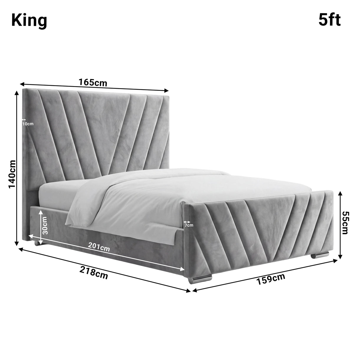 Detailed dimensions of the grey velvet ottoman king bed, highlighting height 140 cm, width 165 cm, and length 218 cm