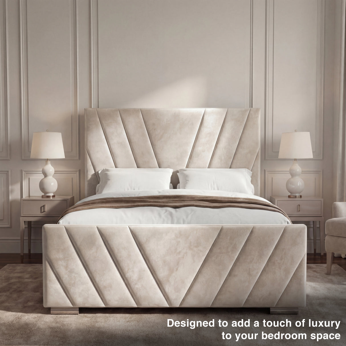 Front view of the king-size beige ottoman bed frame, highlighting the structured headboard and plush padding