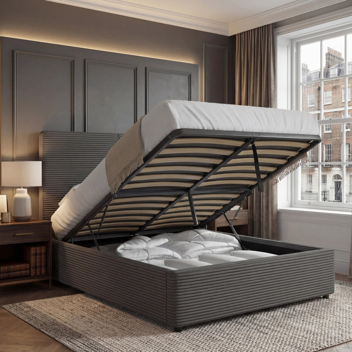 Open king size ottoman bed with storage showing beddings stored inside, placed in a bedroom