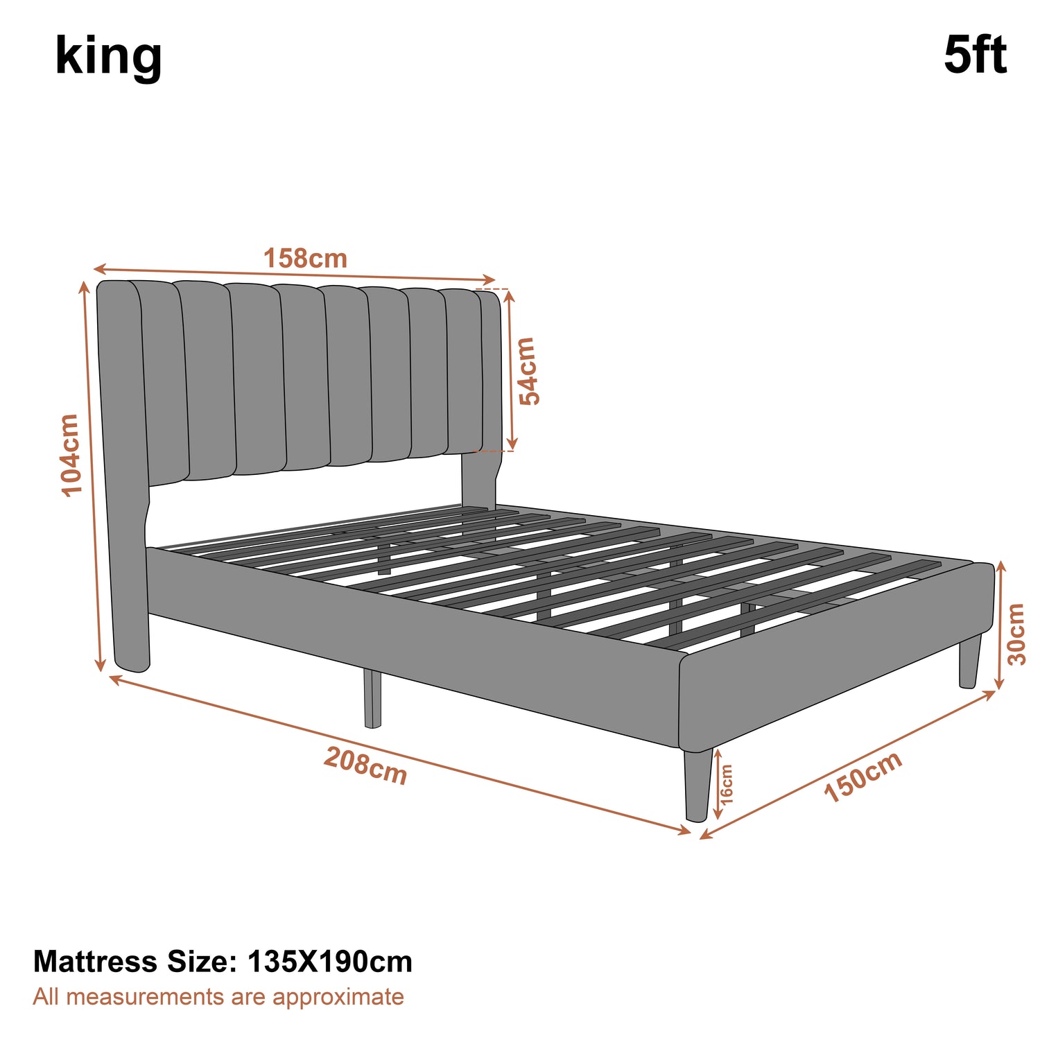 Vertical Line Velvet Upholstered Bed Frame in king size with grey channel tufted headboard and wooden slats, shown with full dimensions in cm.
