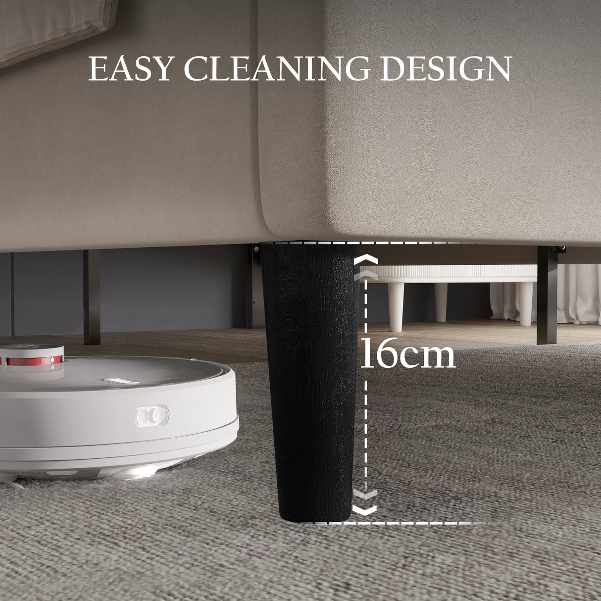 vacuum cleaner cleaning under a piece of furniture with text indicating easy cleaning design.