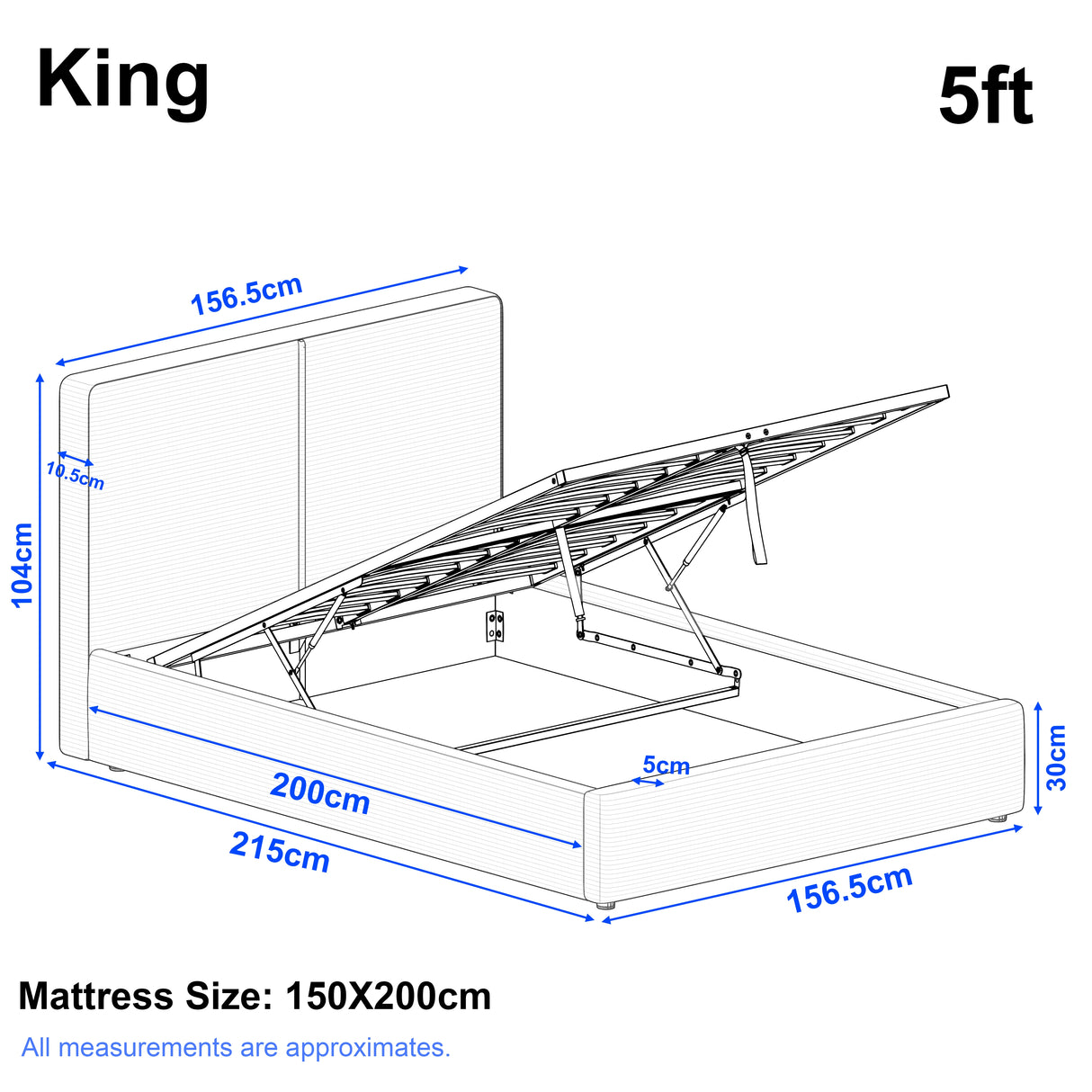 Kingsize ottoman bed frame size showing: Length 215cm, width 156.5 cm, headboard height 104 cm