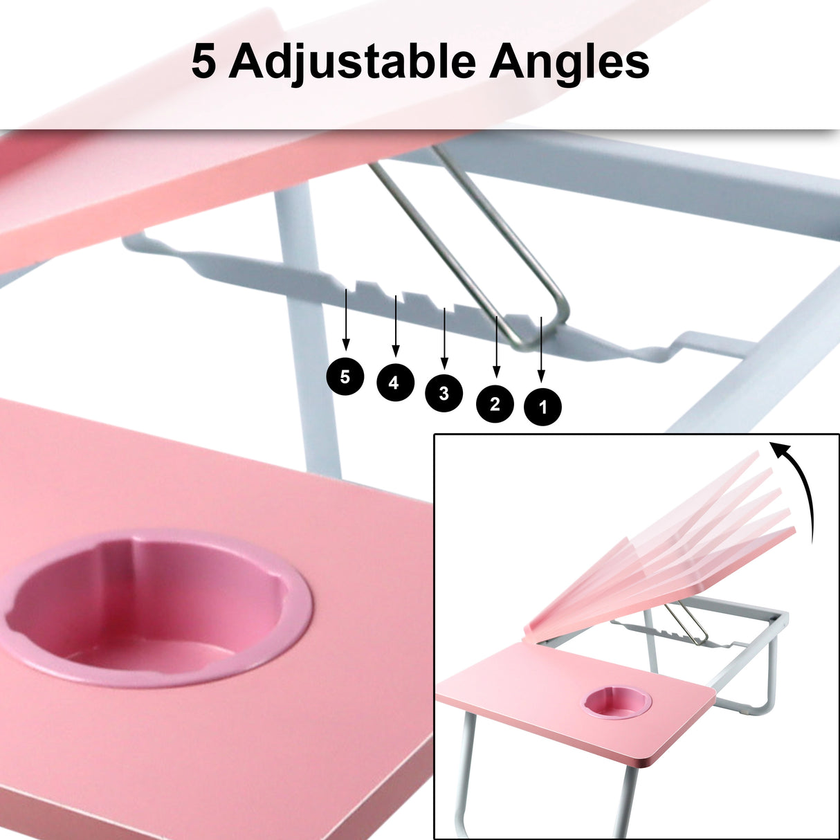 pink graphics display five different ways to adjust the foldable laptop table while in use