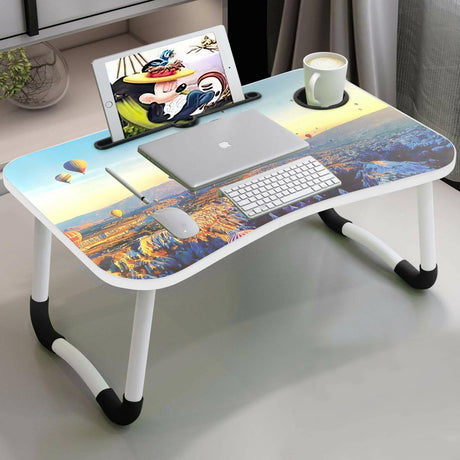 Laptop table uk with a scenic hot air balloon-themed design, featuring a built-in tablet slot.