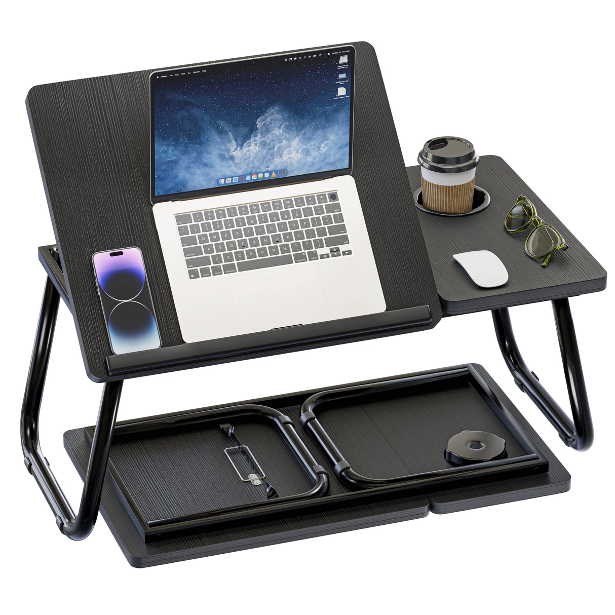 Black adjustable laptop stand with a laptop, phone, and other items on a white background