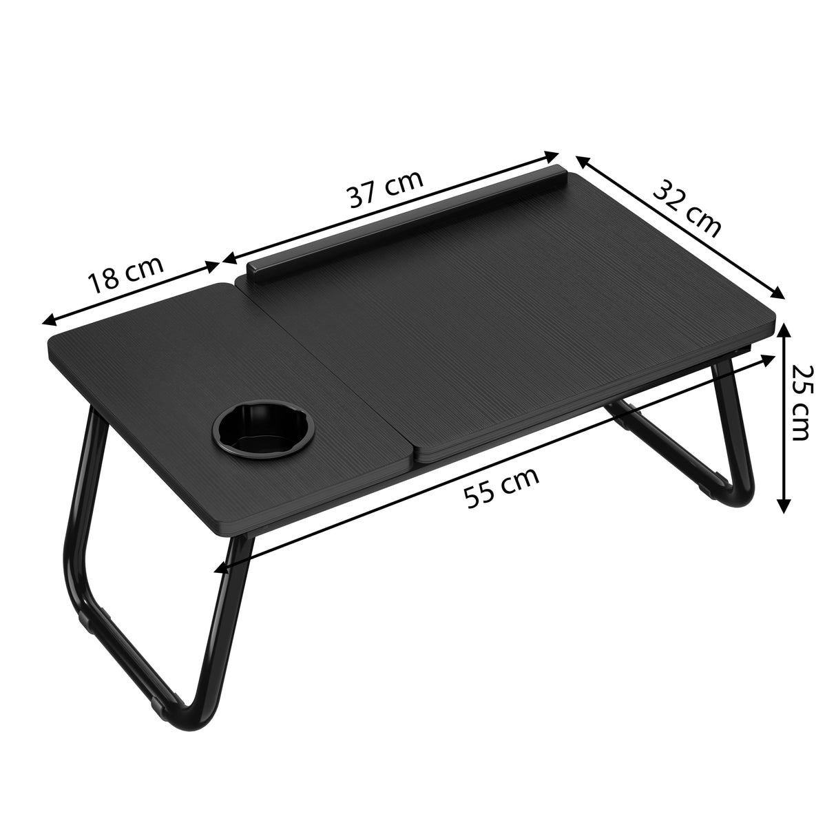 Black bed table for laptop dimension of L 55 x W 32 x H 25cm with a 37cm adjustable lift section and built-in cup holder