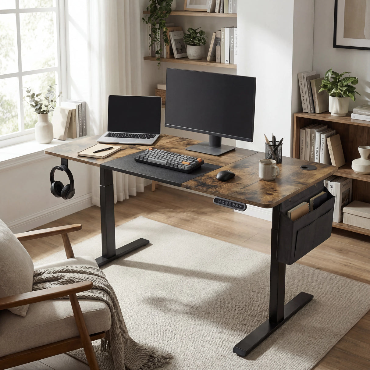 Rustic Electric Standing Desk in a cozy home office setup with dual screens and side storage, blending function and rustic style.
