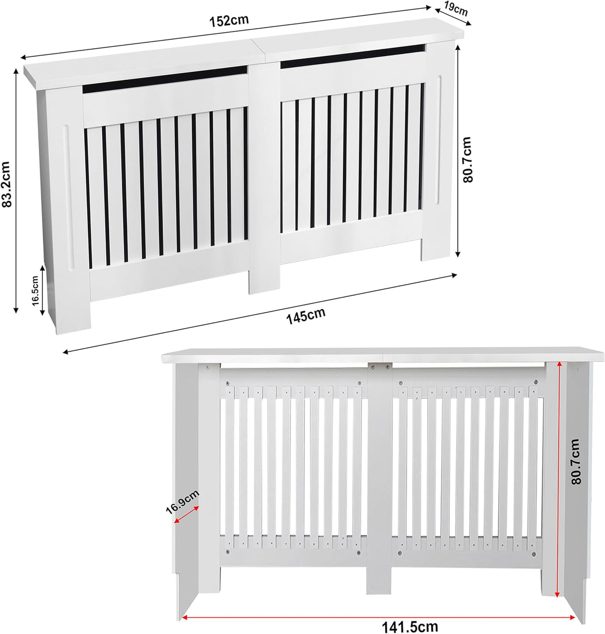 White radiator cover with dimensions on a white background