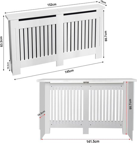 White radiator cover with dimensions on a white background