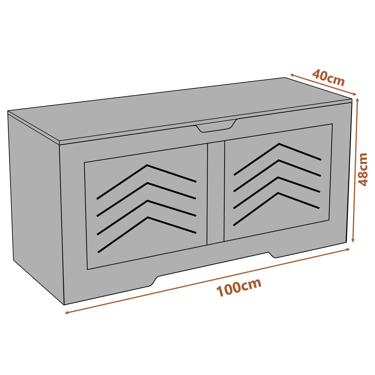 White storage bench with chevron patterns and dimensions on a white background