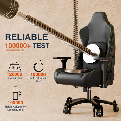 Black office chair with durability testing elements on a beige background