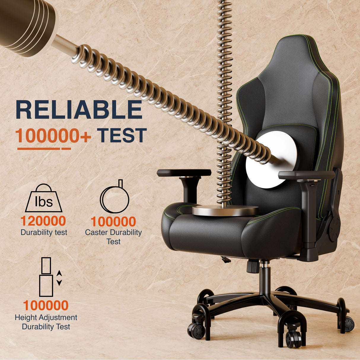 Black office chair with durability testing elements on a beige background