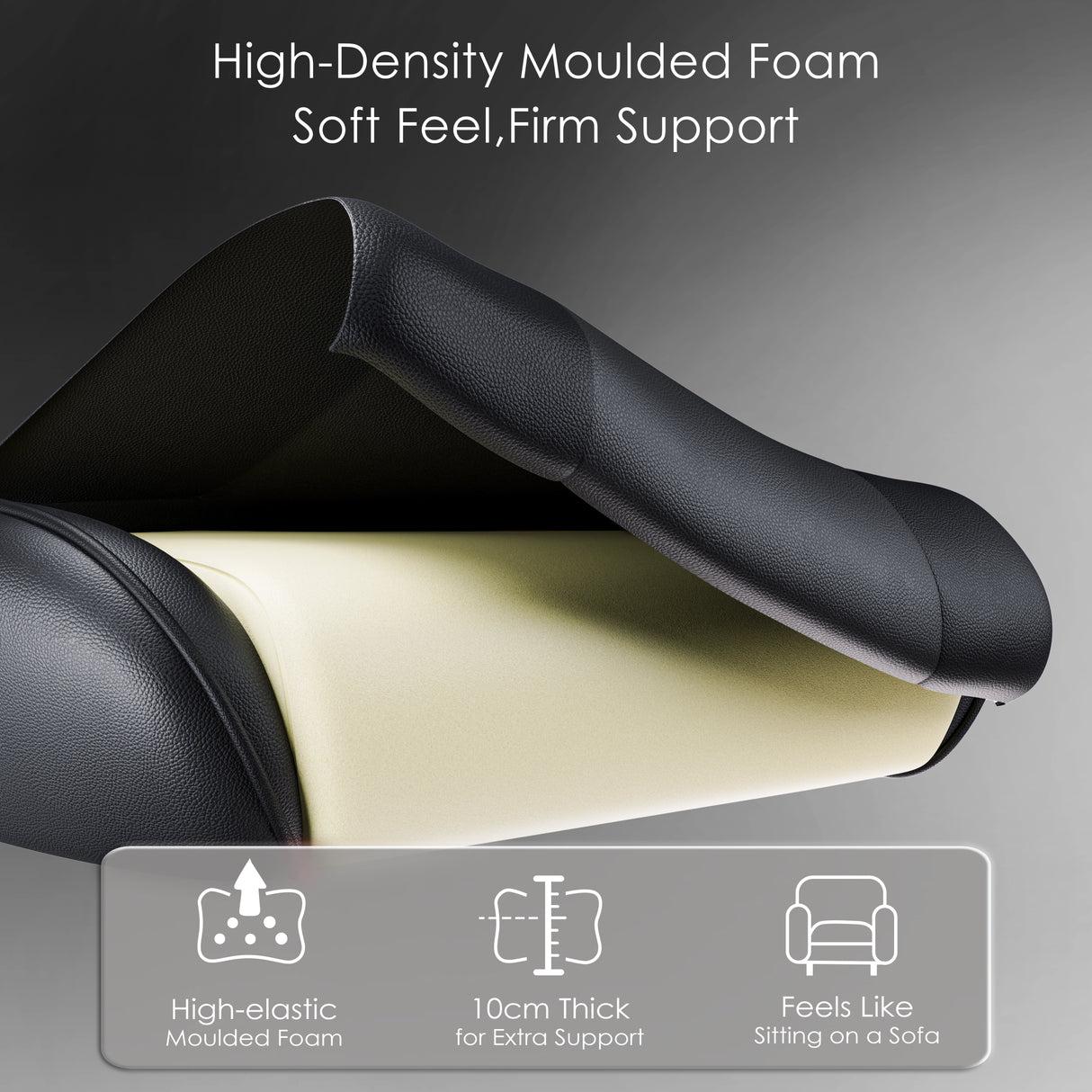 High-density moulded foam seat cover with text on soft feel and firm support, on a gray background.