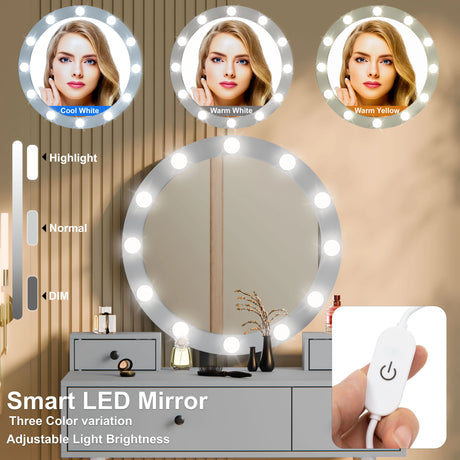 Smart LED mirror with light control options on a vanity setup.