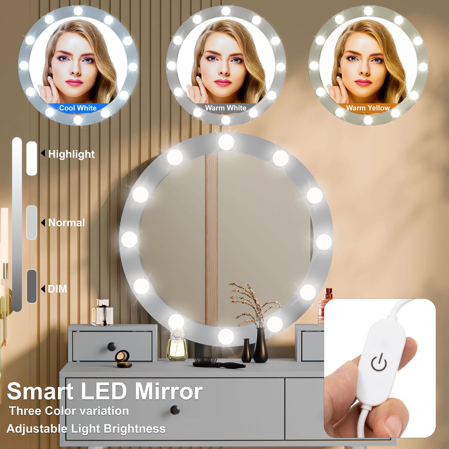 Smart LED mirror with light control options on a vanity setup.