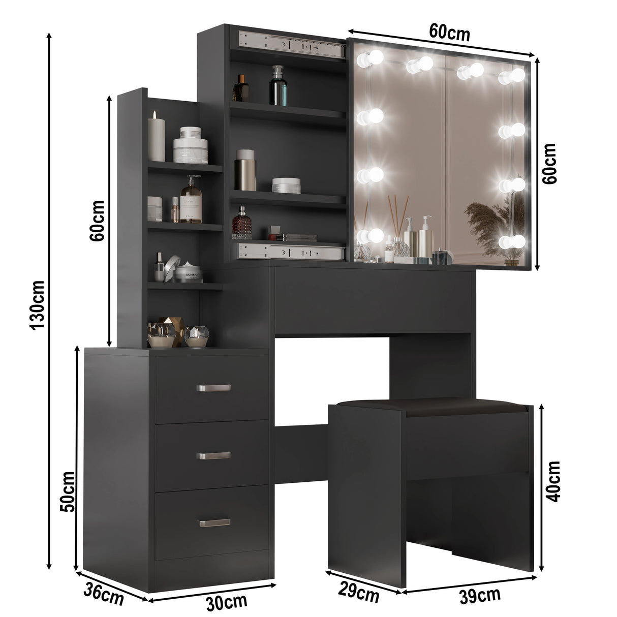 Black vanity table with mirror and shelves, showing dimensions on a white background
