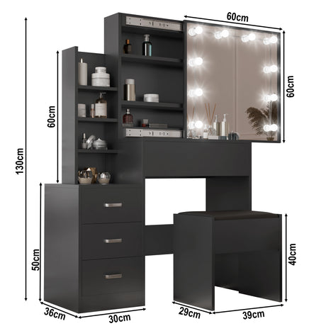 Black vanity table with mirror and shelves, showing dimensions on a white background