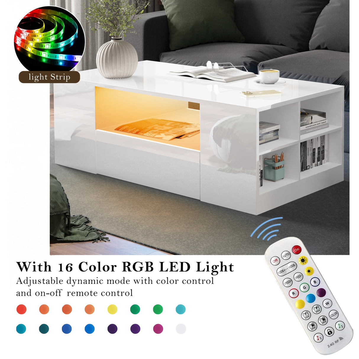 White coffee table with RGB LED light strip and remote control in a living room setting.