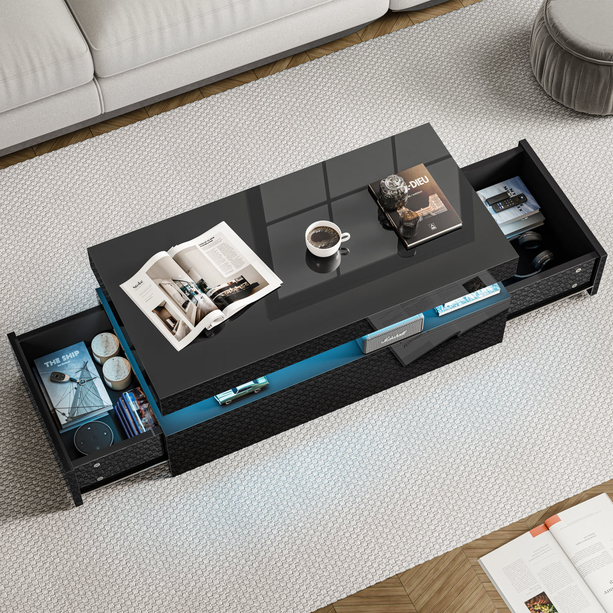 Black coffee table with open drawers in a living room setting