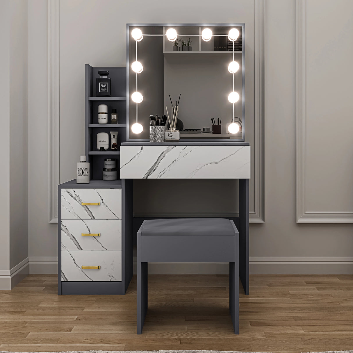 Dressing table with mirror and lights in a room setting
