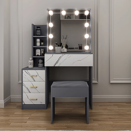 Dressing table with mirror and lights in a room setting