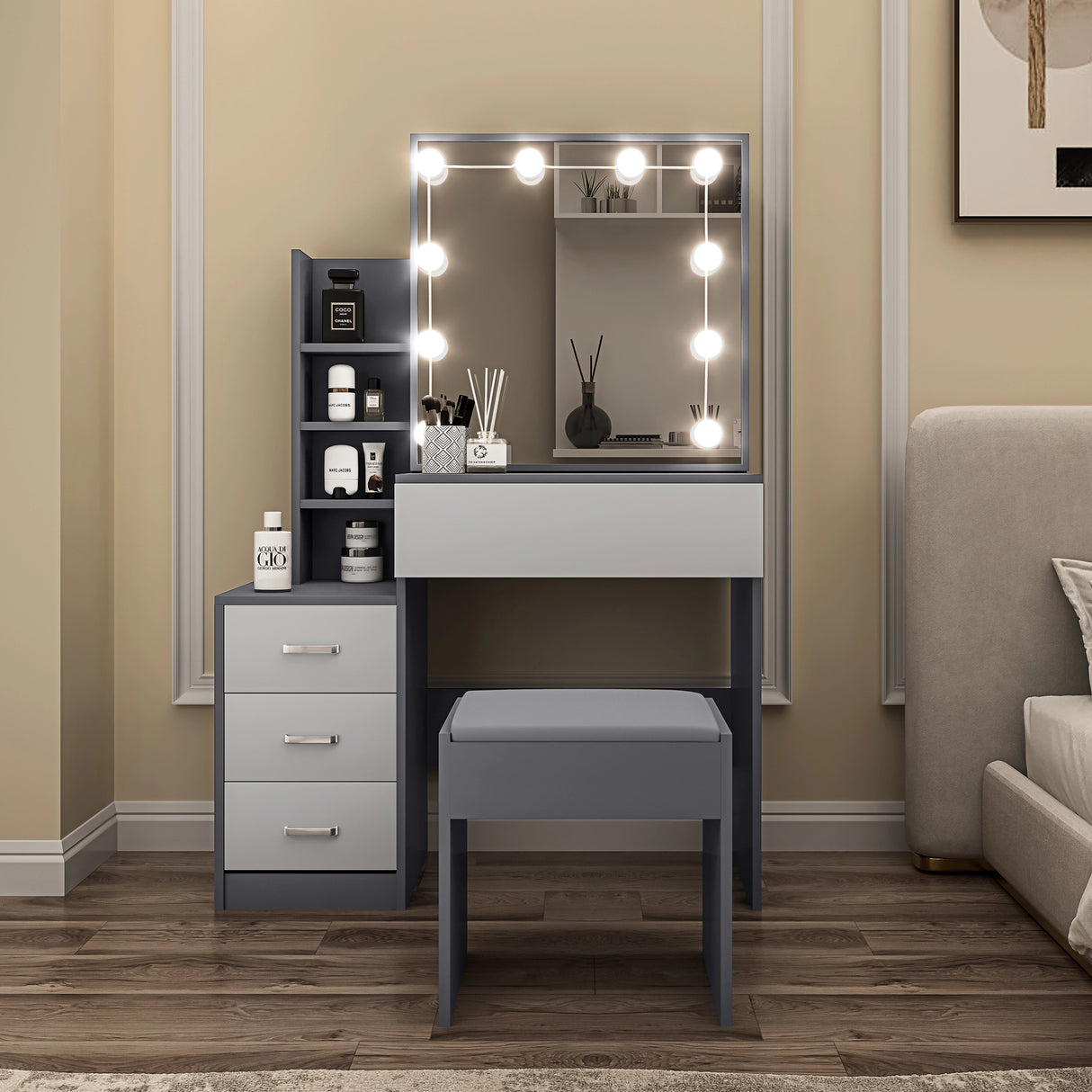 Front view of dressing table with mirror and lights arranged neatly in a modern room setting with minimal decorative elements