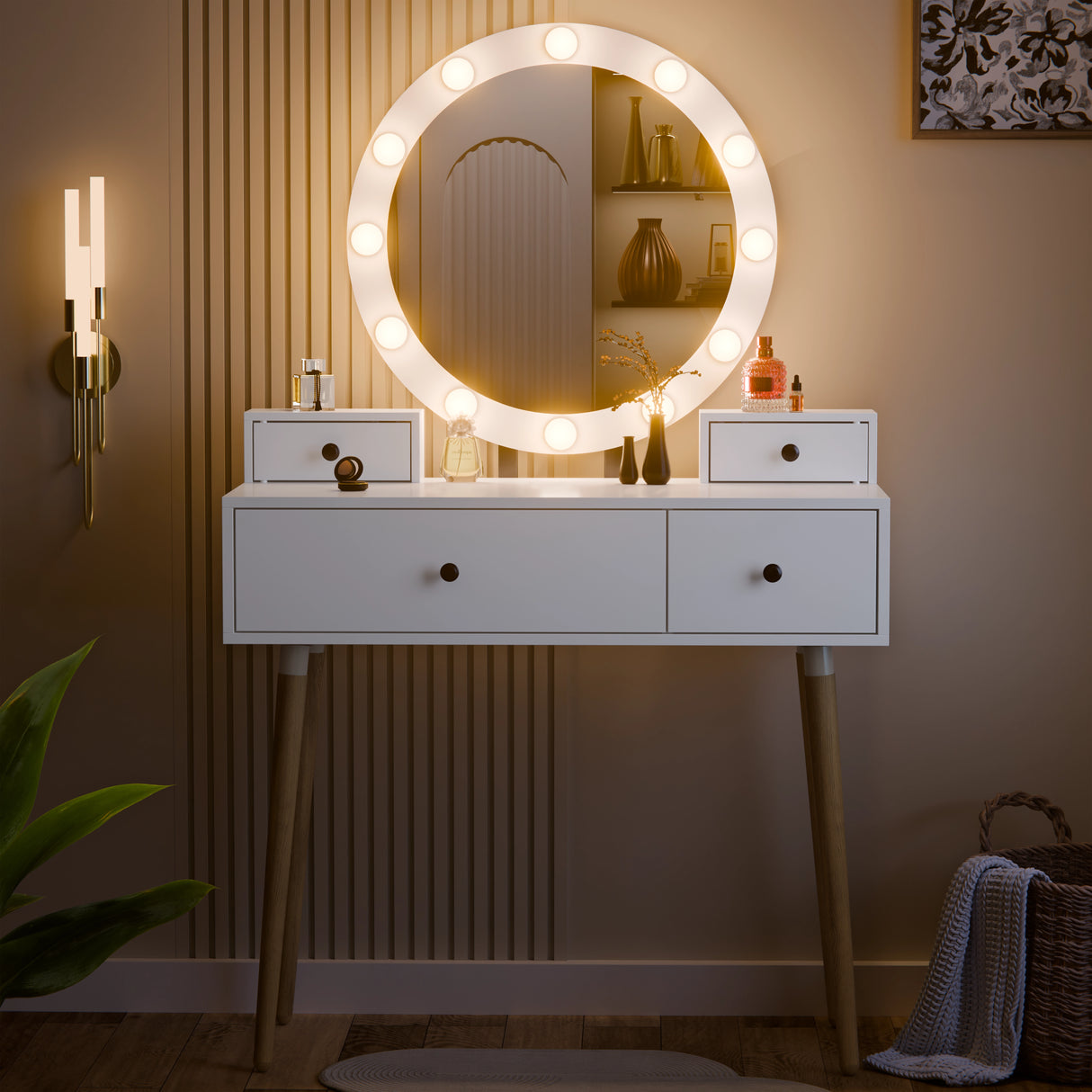 Round illuminated mirror on a white vanity with drawers in a room setting.