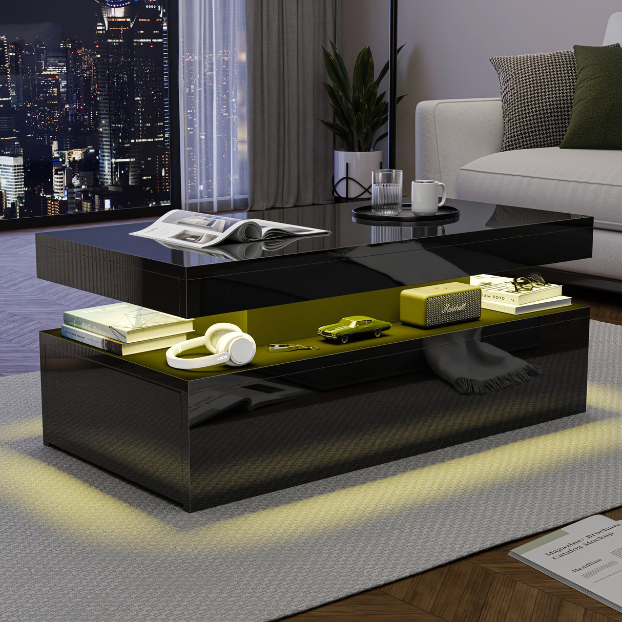 Modern living room with a black coffee table, sofa, and cityscape view.