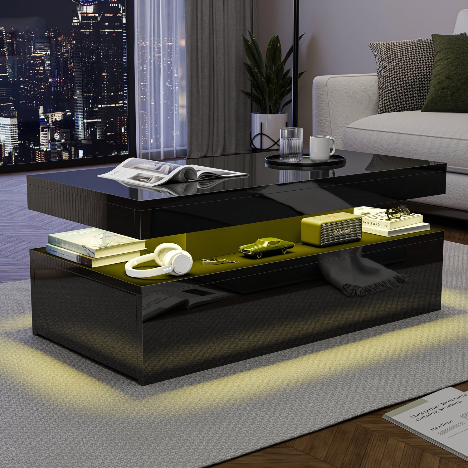 Modern living room with a black coffee table, sofa, and cityscape view.