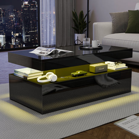 Modern living room with a black coffee table, sofa, and cityscape view.