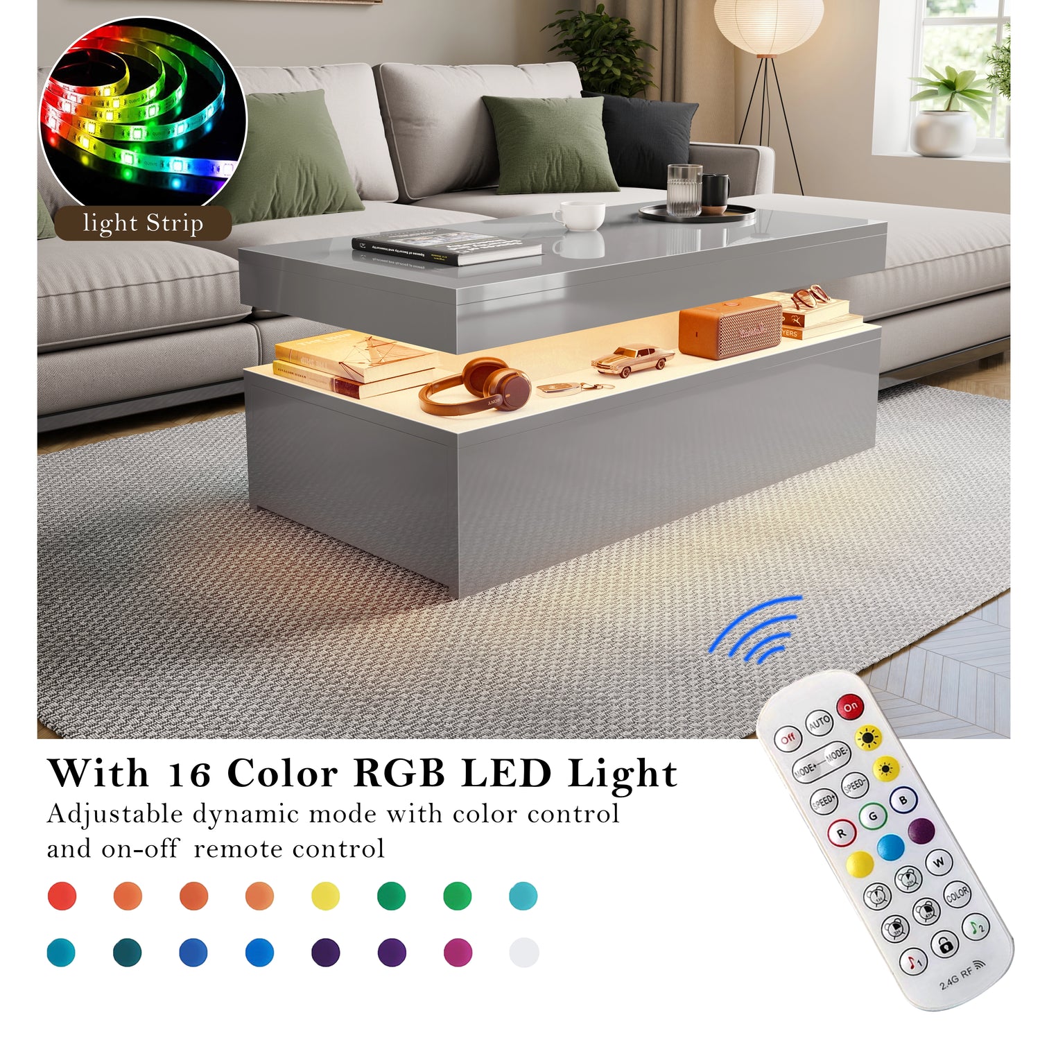 Living room with a coffee table featuring RGB LED light strip and remote control.