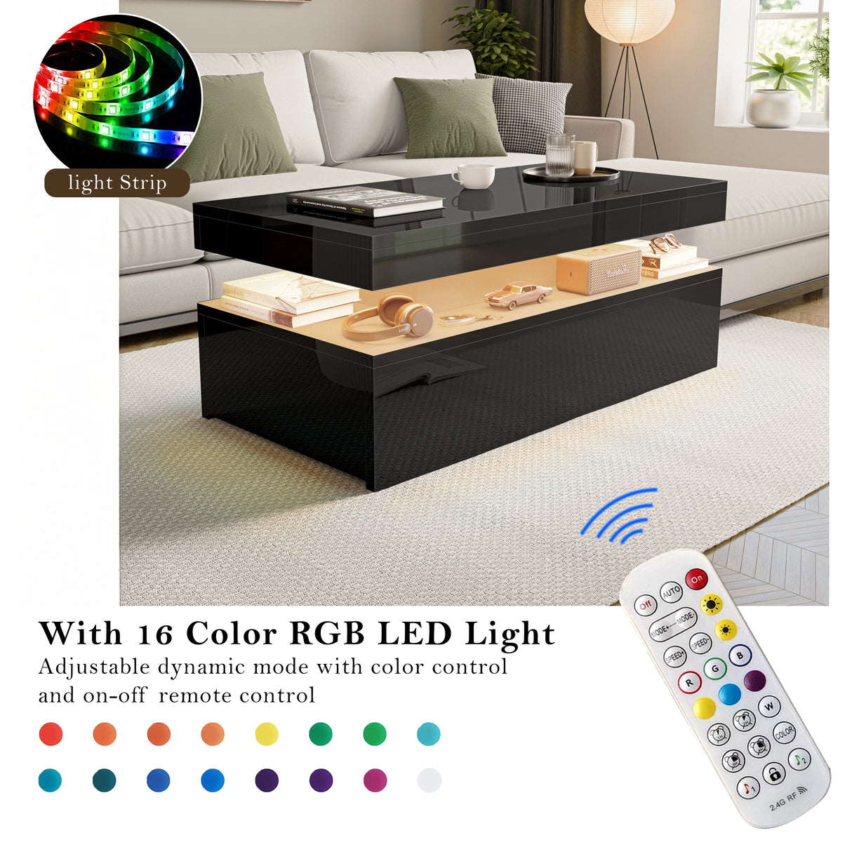 Living room with a black coffee table and RGB LED light strip, remote control included.