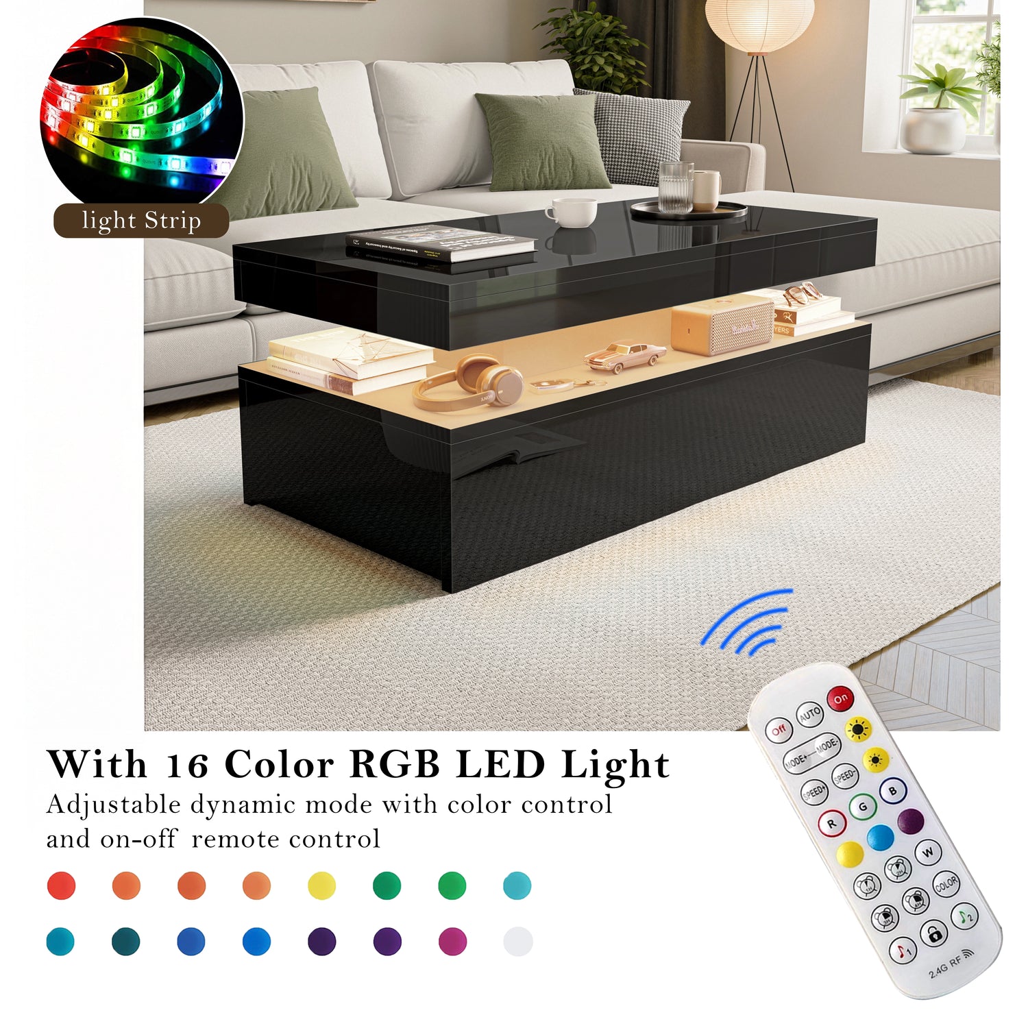 Living room with a black coffee table and RGB LED light strip, remote control included.